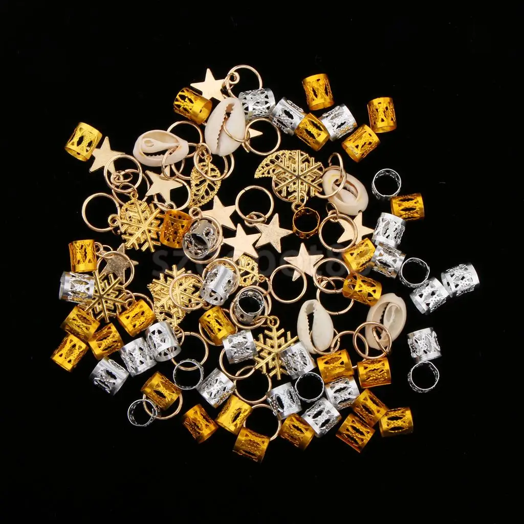 

84pcs Hip Hop Hair Braid Rings Hair Loops Clips Bulk DIY Hair Accessories Golden Star Leaf Shell Loop Dreadlock and Snowflake