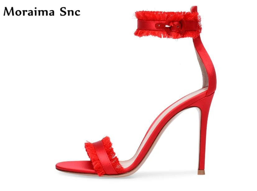 

Moraima Snc Newest sexy female sandals open toe thin high heel fringe Decoration Ankle strap Buckle solid party shoes red