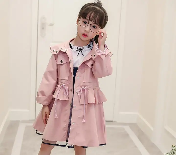 

High quality 100% cotton Girls coat long sleeve Solid double-breasted dust coat jacket outerwear autumn Spring wear5--10 year
