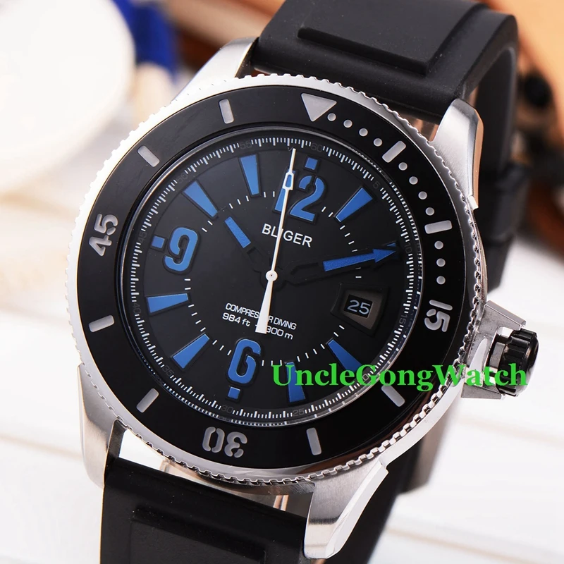 Bliger 43mm Black Dial Sub Style Mens Automatic Watch Black Bezel Blue Lume Mark Clock Black Rubber StrapTimepiece BA4301SLR