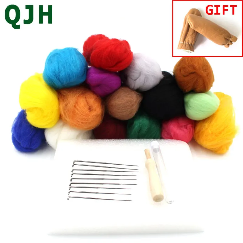 160G 16 Colors Pure Wool Felt Craft Tops Felting Set Needle Kit Starter