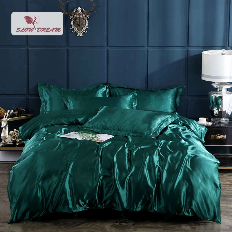 

SlowDream Fitted Sheet 100% Silk Luxury Bedding Set Rubber Sheet Corners Euro Adult Duvet Cover Elastic Band Sheet Bedspread Set