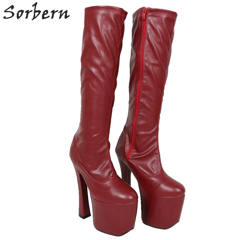 Sorbern Wine Red Block Heel Boots Women 20Cm Extreme High Heels Knee High Thick Platform Crossdresser Women Shoes 2019 Custom