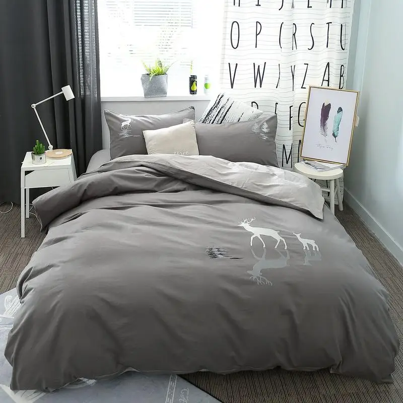 

100%Cotton Grey Brown color Bedding Set Queen King size Deer Elephant bed set cotton Bedsheets Duvet quilt cover set 40