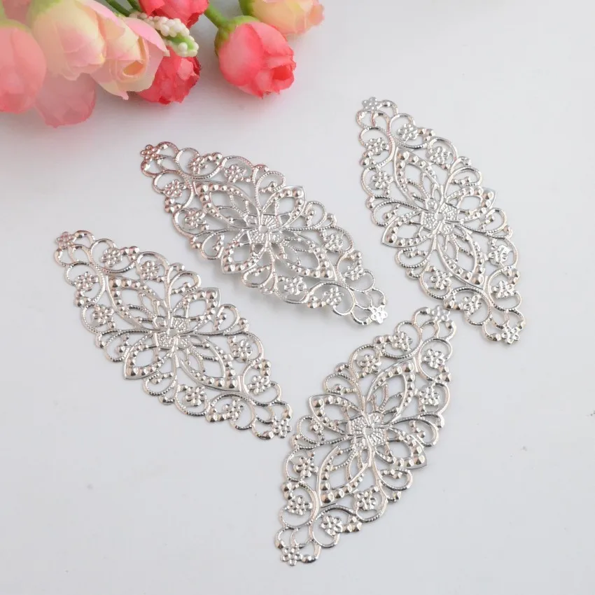 

Free shipping 30Pcs Silver Tone Filigree Flower Wraps Connectors Metal Crafts Gift Decoration DIY Findings 8x3.5cm J3100