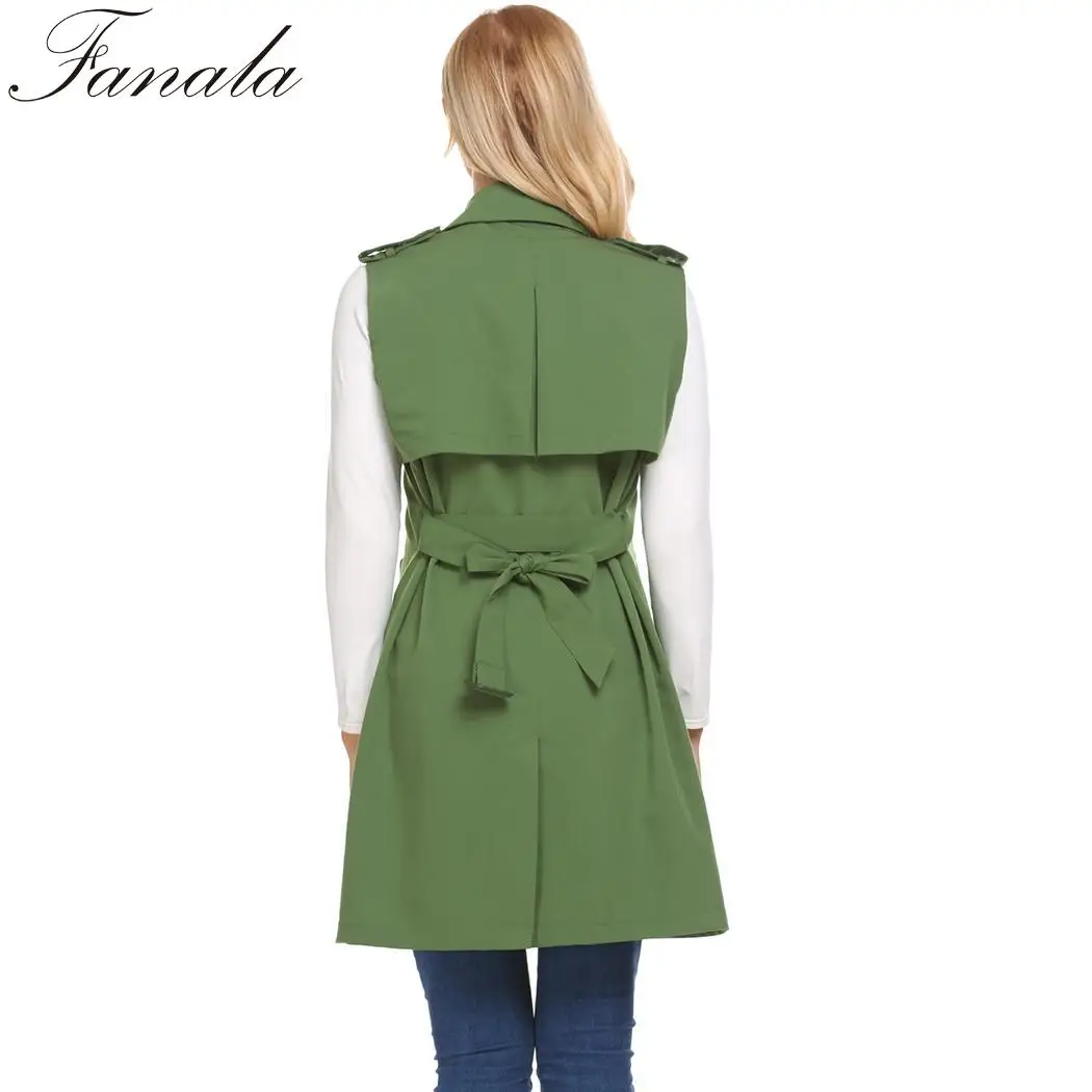 Belt Lapel Double Breasted Sleeveless Casual Long Trench Vest with