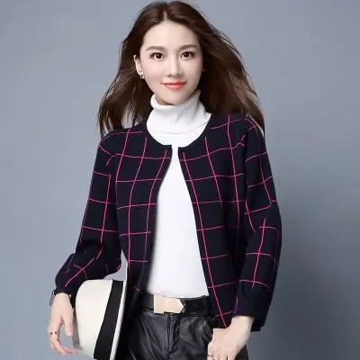 navy knit cardigans Женский свитер, куртка, Весна, Модный корейский свитер большого размера, короткий клетчатый кардиган с длинным рукавом, вязаный свитер, пальто f160 - Цвет: navy knit cardigans