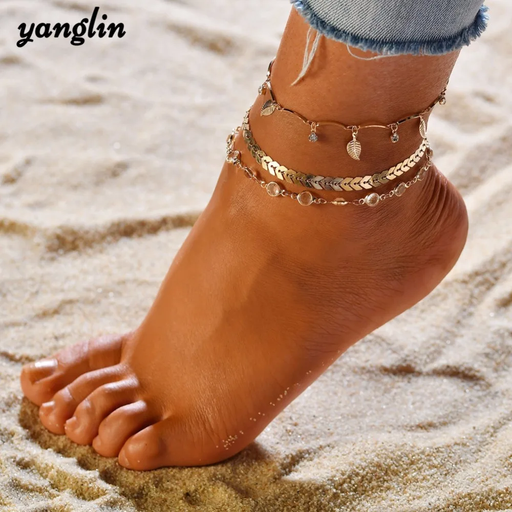 Gold Leaf Rhinestone Charm Ankle Bracelet Boho Sexy Crystal On The Leg