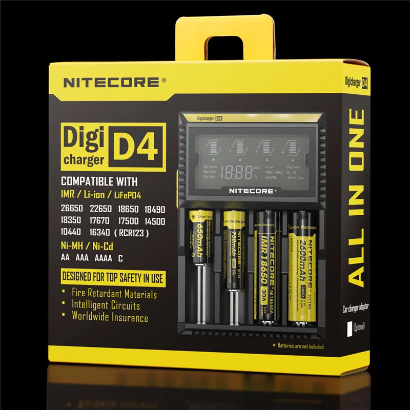 

Nitecore D4 Digicharger LCD Display Universal Battery Charger 18650 14500 16340 26650 with Charging Cable