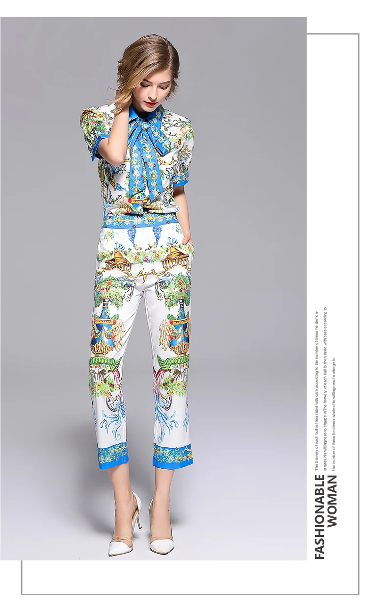 Летний дизайнерский подиумный брючный костюм женский короткий рукав воротник бант цветочный принт блузка Топ+ девятые брюки карандаш комплект из двух предметов