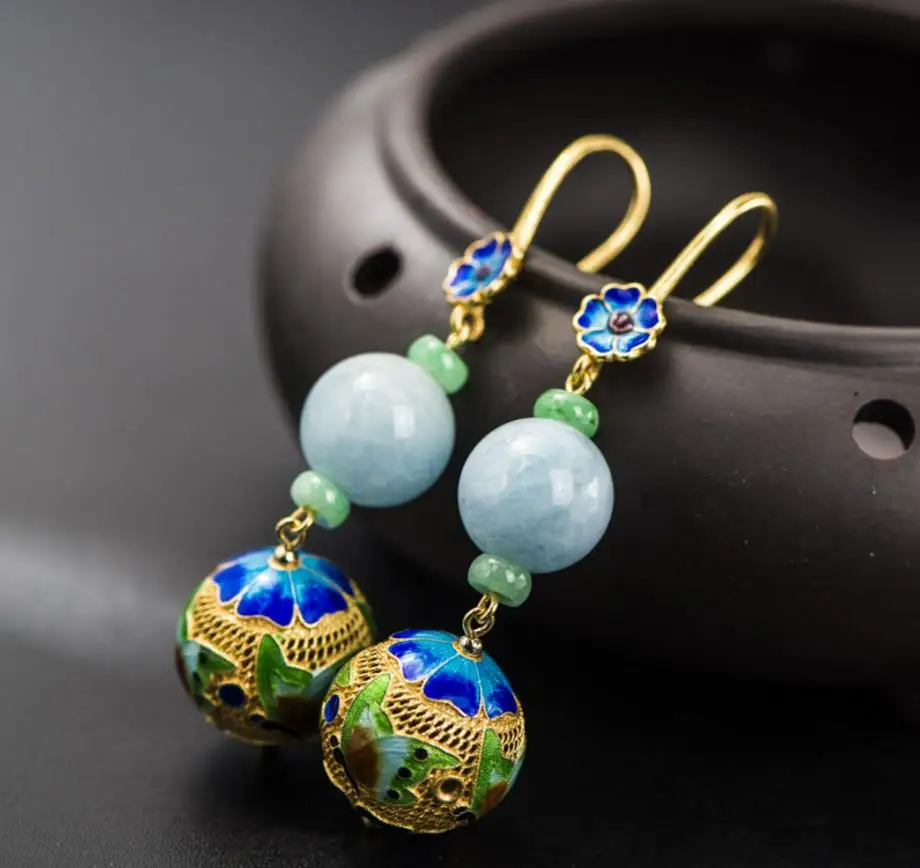 Fashion Jewelry Cloisonne Hand Made 925 Solid Silver Ethnic Chic Style Woman Precious Stone Cute Romantic Dangle Earrings