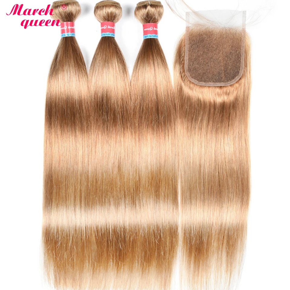 

March Queen Malaysian Hair 3 Bundles With 4x4 Lace Closure Straight #27 Honey Blonde Human Hair Weave Double Weft Extensions