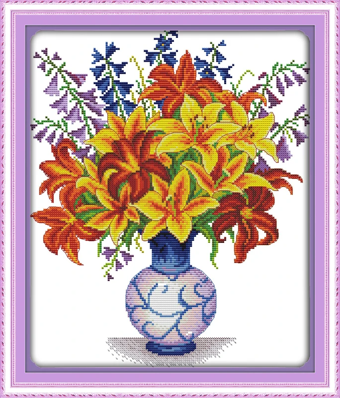 

Yellow lily vase flower DMC cross stitch kits 14ct white 11ct print on canvas embroidery set sewing hand made crafts home decor