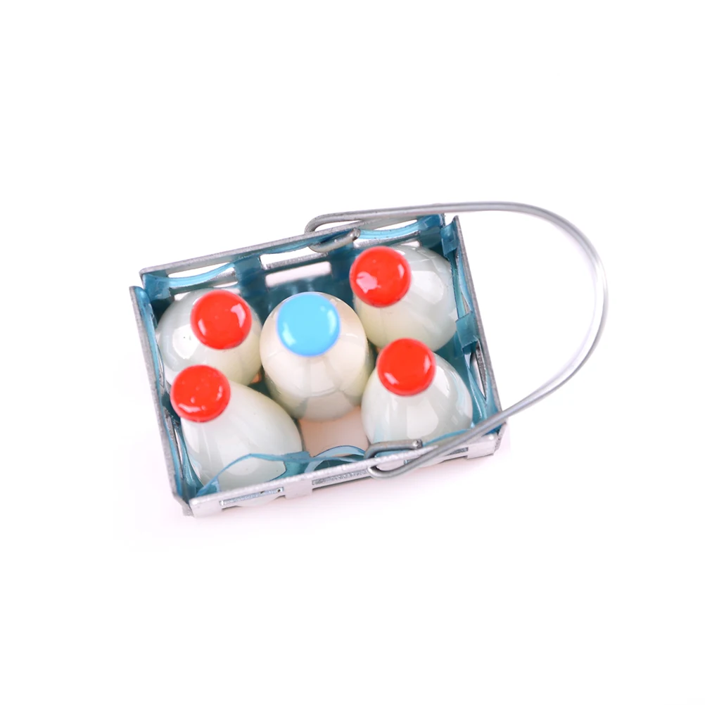 Dollhouse Furniture Miniature Metal Milk Basket with Bottles Set Dolls House Kitchen Porch Accs Decor Doll Accessories 5pcs 1/12