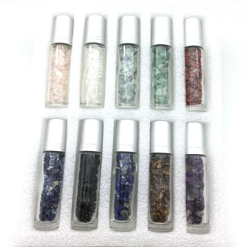 

1000pcs Natural Gemstone Roller Ball ThickGlass Bottle 10ml Essential Oil Roll On Clear Bottles With Crystal Chips Perfume Vial