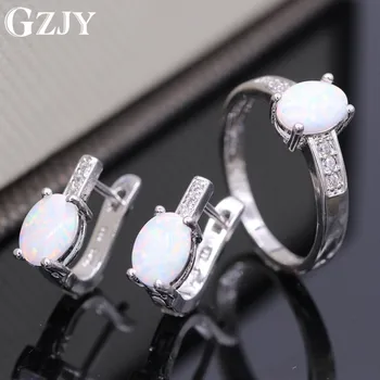 

GZJY Beautiful Romantic Oval White Fire Opal Zircon Gold Color Ring Earrings Set For Women Fashion Jewelry