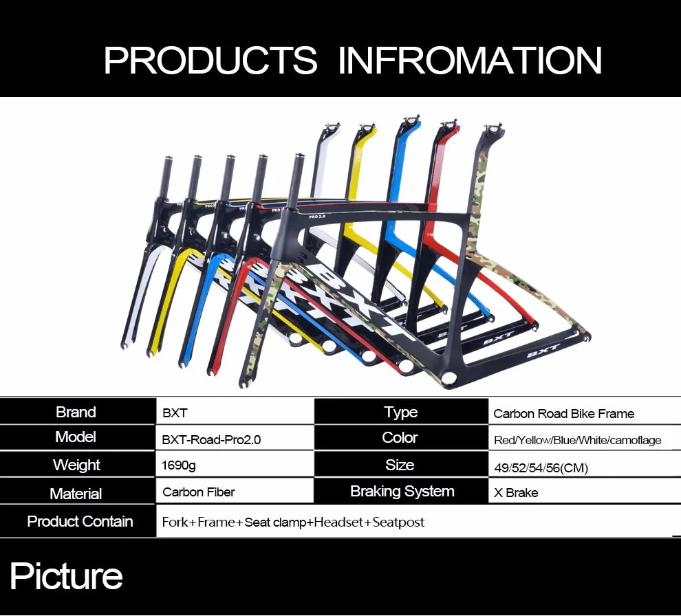 Cheap BXT 2018 Full Carbon bicycle frame matte/glossy 5 color super light DI2 Frame+Fork+headset X brakes road carbon bike frame parts 2