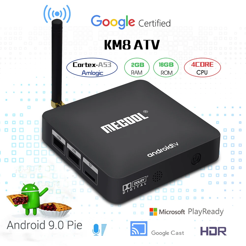 

Mecool KM8 Android 9.0 TV Box Voice Control 2GB 16GB Amlogic S905X 2.4G WiFi HDR 10 H.265 Dolby Google Cast Google Certified Box