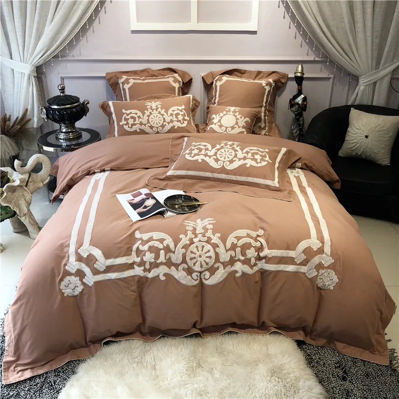

New Brown Pink Luxury European Style Applique Embroidery Egyptian Cotton Bedding Set Duvet Cover Bed sheet Bed Linen Pillowcases