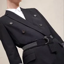 GETSRING,, деловой костюм с пиджаком, Ранняя осень, темно-серый, двубортный, блейзеры, ручная цепочка, пояс, Женская куртка с длинным рукавом