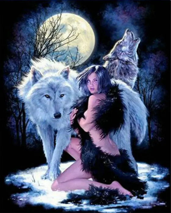 

5D Full Diy Diamond Painting Cross Stitch Round Rhinestone arts Diamond Mosaic moon Handmade Diamond Embroidery girl with wolfs