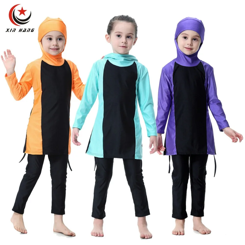 

New Girls Muslim Swimwears Full Cover Two-piece Hoodie Swimsuits Islamic Children Arab Islam Long Swim Suits Burkinis Surf Pants
