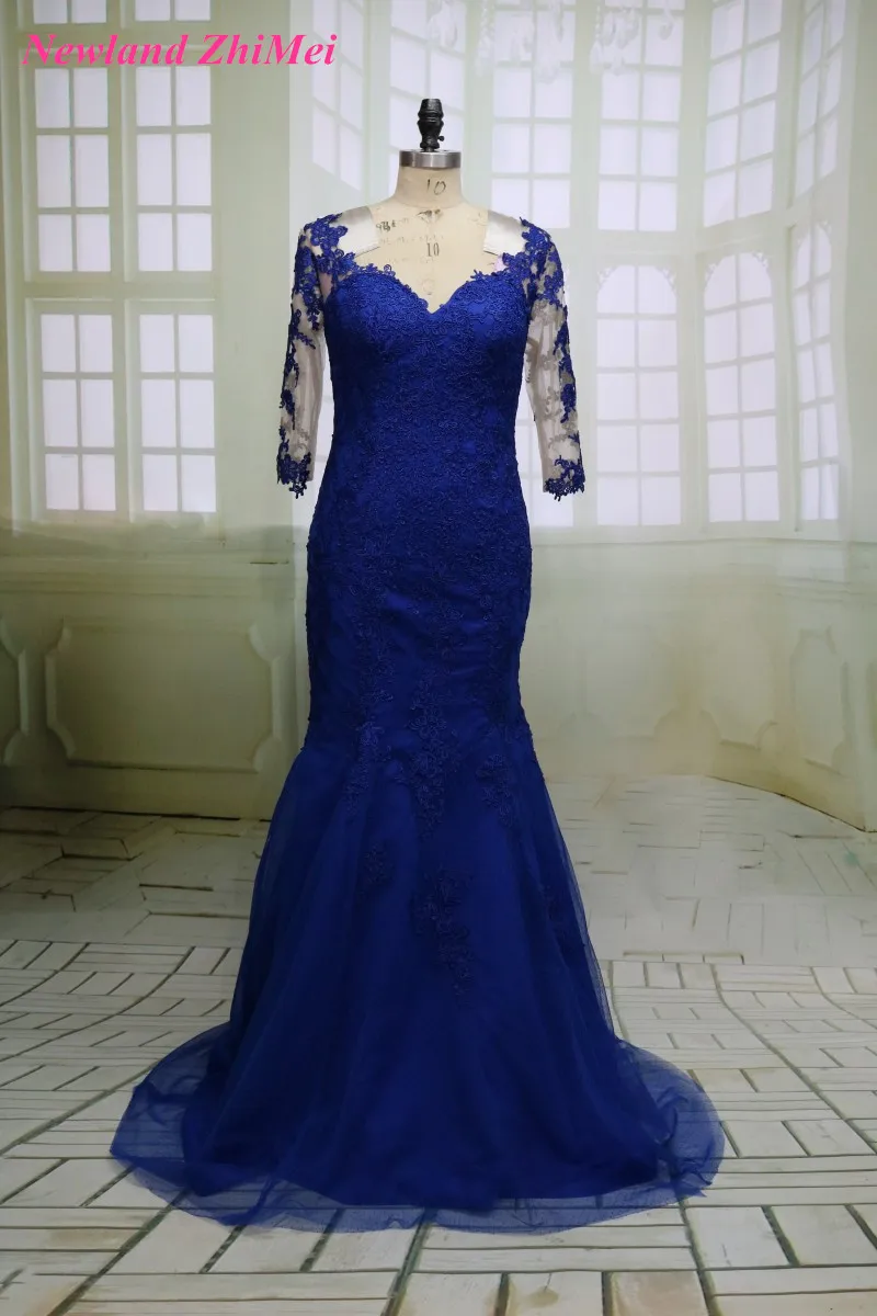 Vintage Blue Applique Prom Dresses with Three Quarter Sleeve Sexy Sweetheart Back Covered with