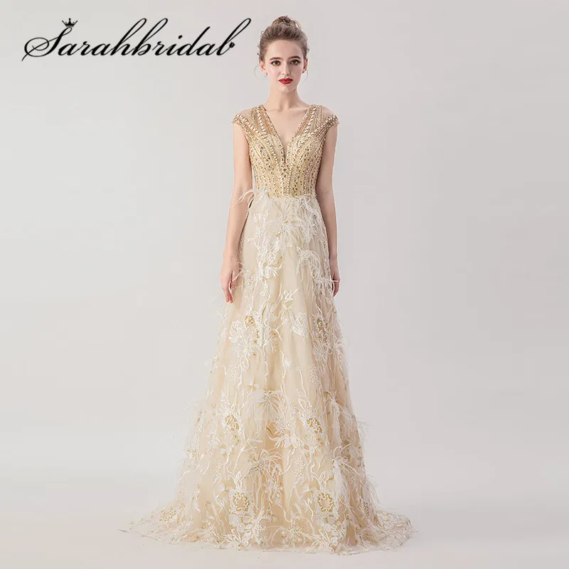 

Long Evening Dresses Dubai 2019 Feather Every Pretty Formal Gown V-neck Beaded Beading Tulle A-line Party Prom Dresses CC5382