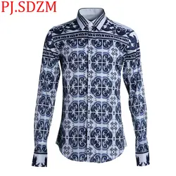 2018 Новая китайская Стиль классический сине-белые фарфор Для мужчин Мужская классическая рубашка просто мода Slim рубашка с длинными