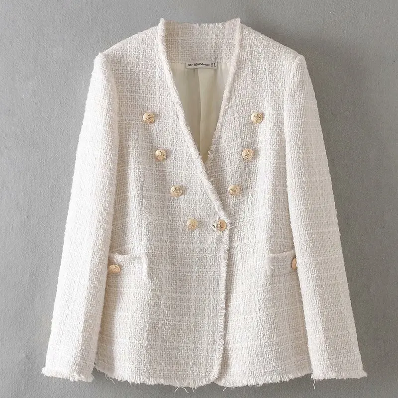 Meilleur Femmes élégant blanc manteau double boutonnage col en V boutons veste tenue de bureau femme veste décontractée top blusas 9200