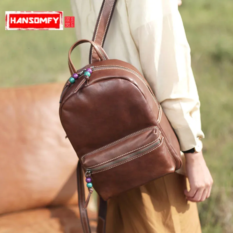 

New Brown Genuine Leather Shoulder Bag Women's Bag College Wind Vintage England Large Capacity First Layer Leather Backpacks