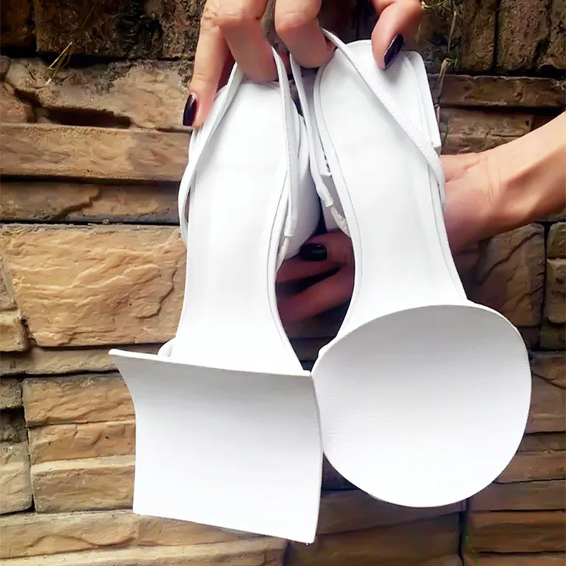 

19SS White Leather Square High Heels Slingback Sandals Asymmetric Decor Banquet Summer Sandals Soft Party Casual Woman Shoes