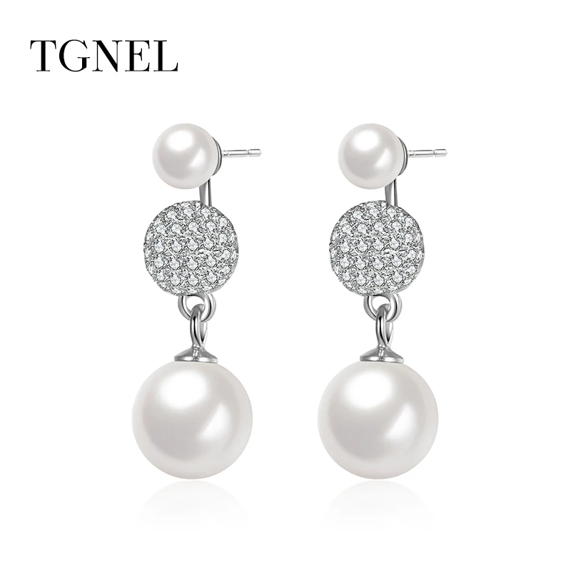 

TGNEL 925 Sterling Silver Drop Earrings Fine Jewelry for Women 2018 CZ Stone Pearl Circle Long Earring for Party&Engagement