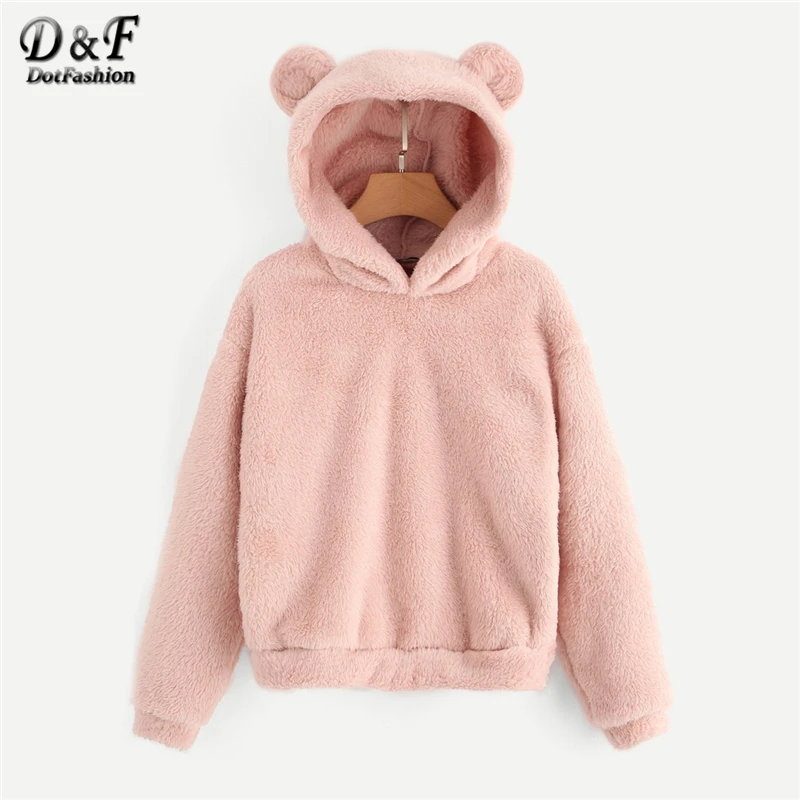  Dotfashion Pink Solid Teddy Hoodie Womens Clothing Fashion Women 2019 Autumn Casual Hooded Long Sle