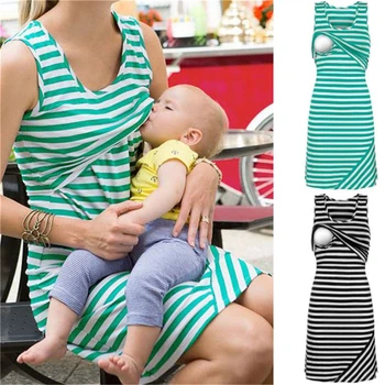 

Casual Stripe Maternity Dresses Nursing Breastfeeding Clothes Summer Sleeveless Loose Short Women Nursing Tops Dress Plus Size