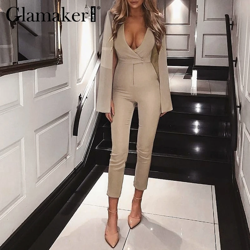 Женский комбинезон Glamaker белый Облегающий с глубоким треугольным вырезом и