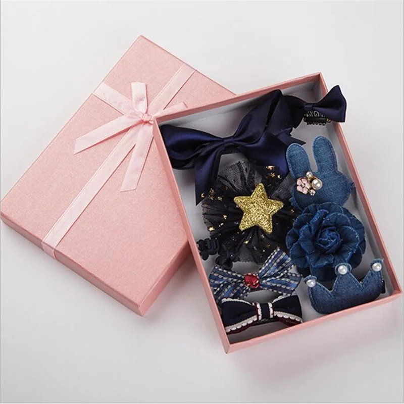 10Pcs/Set New Girls Hair Accessories Cute Gift Box Flower Hair Clip Hair Bows Bunny Hairclip Star Barrette Pearl Heart Headdress - Цвет: Темно-синий