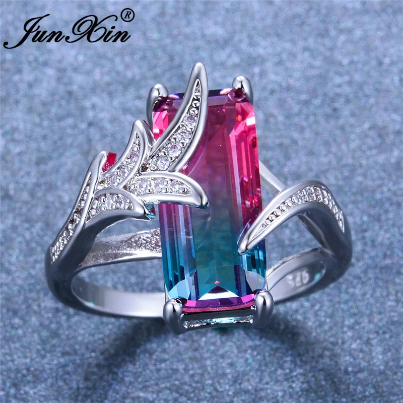JUNXIN милые кольца в виде хвоста русалки для женщин 925 серебряный цвет красный синий кристалл большой прямоугольник камень Обручальные кольца радужные ювелирные изделия