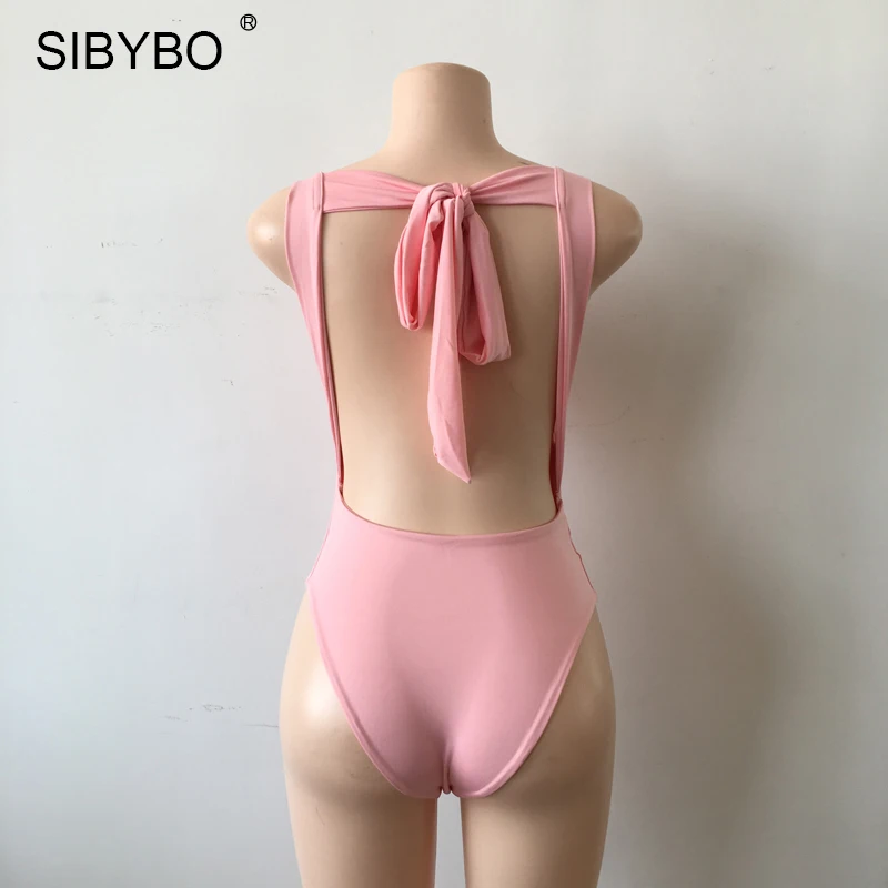 Sibybo 2019 Sexy Chic Backless Bodysuit Women Black / White Deep V Neck Summer Bodycon Bodysuit Rompers Womens Jumpsuit