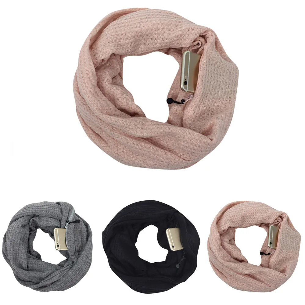 Women Fashion Wool Winter Thermal Active Infinity Scarf With Zip Pocket