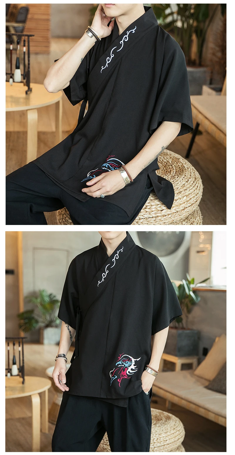 Chinese Style Shirts Men Summer Casual Vintage Mens Shirts Fashion Print Male Cotton Linen Male Clothing