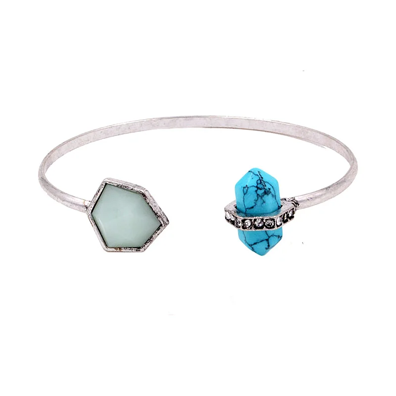 

Womens Bangle Open Bracelets Antique Style Retro Silver Metal Hexagon Spike Nature Stone Faux Gems Lady Adjustable Cuff Bracelet