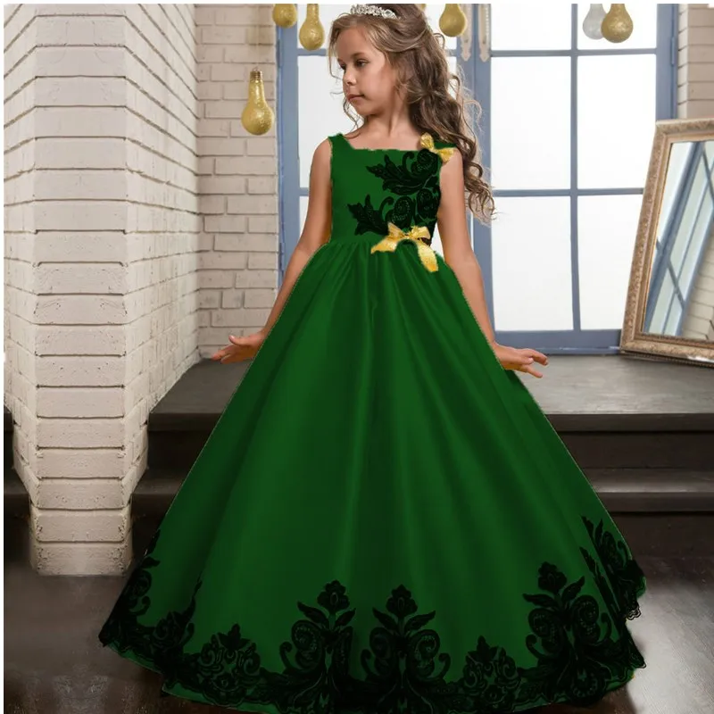 Ruthshen/, г. детские платья принцессы с цветочным рисунком для девочек на свадьбу с аппликацией и бантом, Детские бальные платья длиной до пола - Цвет: picture green