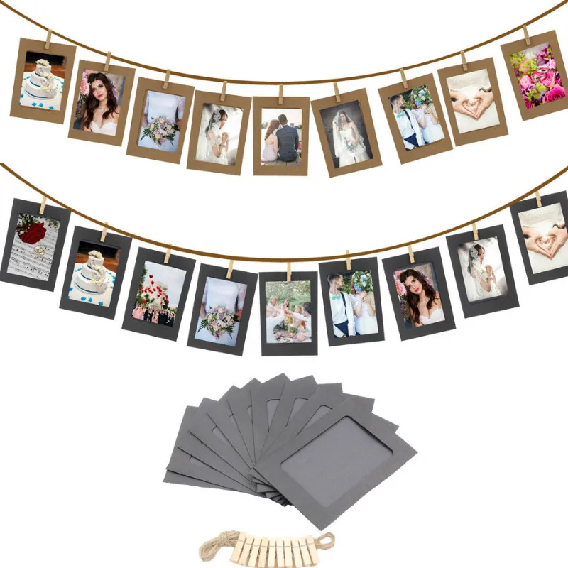 10Pcs DIY Kraft Paper Photo Frame 3/5/6 inch Hanging Wall Photos Picture Frame Kraft Paper With Clips and Rope For Family Memory