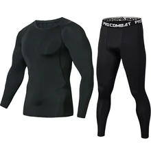 Новые мужские комплекты для фитнеса, черные компрессионные футболки+ леггинсы, базовый слой, брендовая футболка с длинным рукавом, комплект одежды