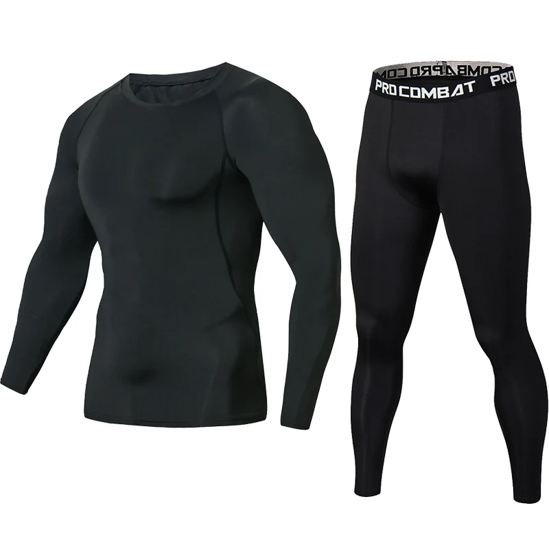 Günstig Neue Fitness Männer Sets Reines schwarz Compression Shirts + Leggings Basis Schicht Marke Langarm T Shirt Kleidung Set