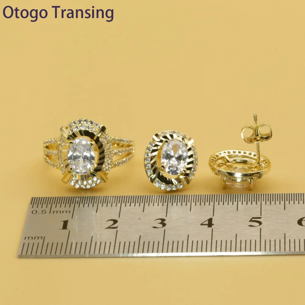 Otogo transing комплект украшений для вечеринки золотого Цвет Для женщин Модный очароватеьлный с белого цвета с украшением в виде кристаллов кольцо, серьги, ожерелье браслет цветок SET213