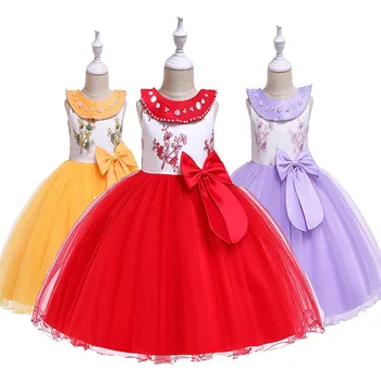 

2019 Big Bow Beading Princess Dress for Girls Wedding Party Floral Summer Kids Dresses for Girls Party Tutu Dress 3-12 Years