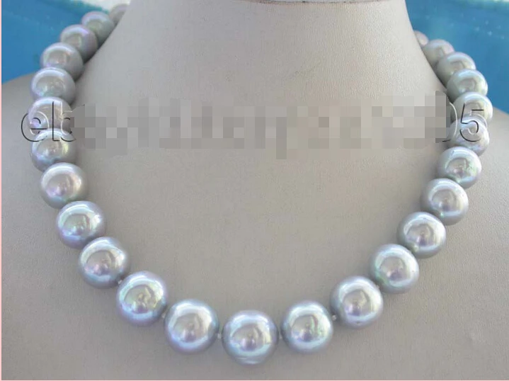 

free shipping >>17" Genuine Natural 12.5 mm Gray Round Pearl Necklace zircon #f1556!