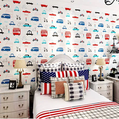 

Discount Wall Paper for Kids Room Living Room Wallpaper Roll Cartoon Car Boy Tapet for Wall papel parede 3D Blue White
